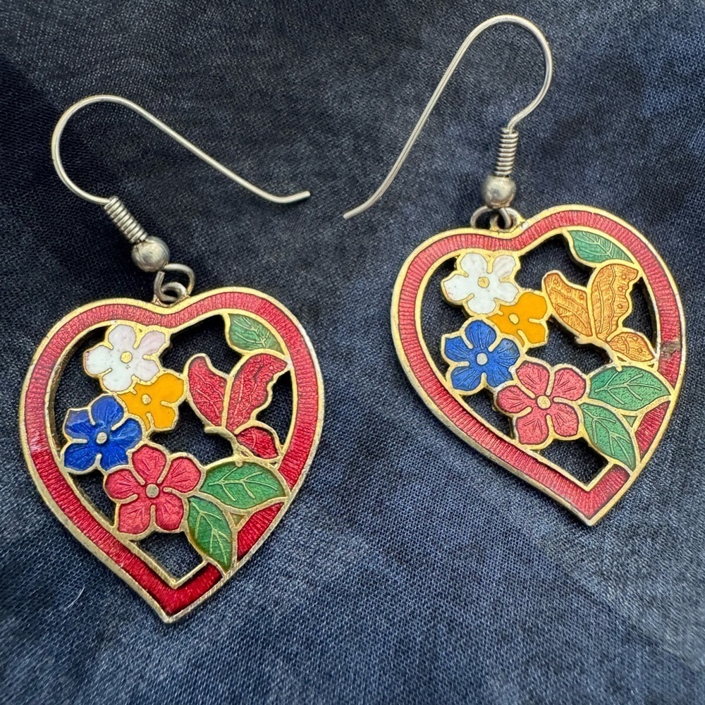 Vintage Cloisonné Enamel Heart Earrings Floral Butterfly Drop